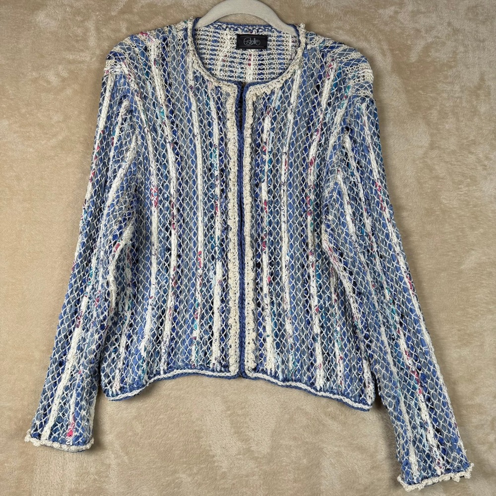 Estelle Women Sm Blue White Mixed Fabric Open Knit Hook Front Cardigan Jacket